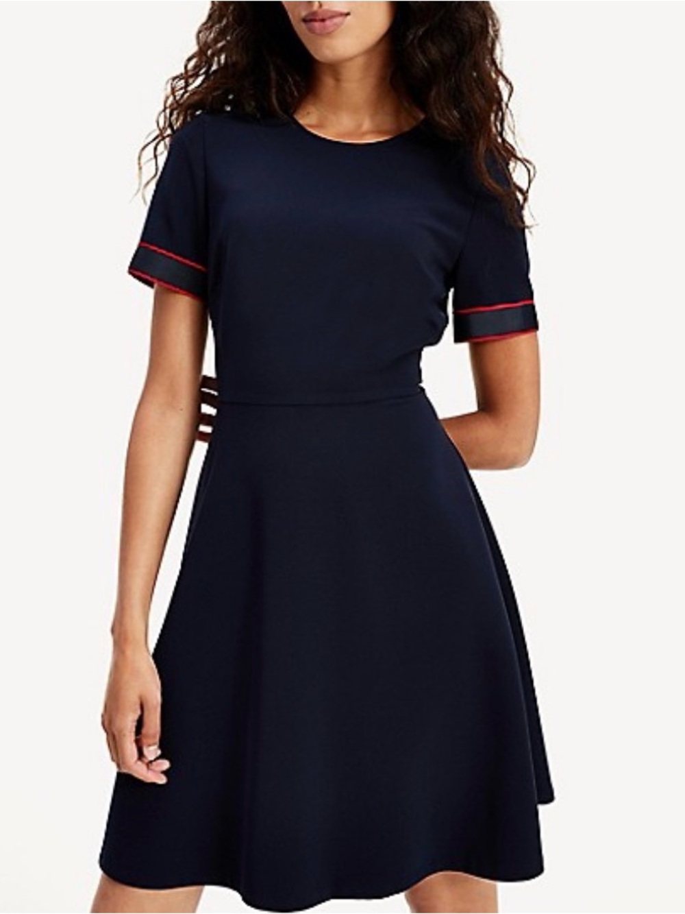 Navy Short-Sleeve A-Line Dress with Red Trim
